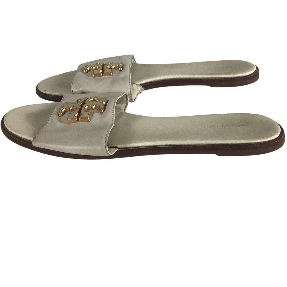 Tory Burch Ines Slide Sandals Cream White Leather Gold Logo Flat Slides Size 10